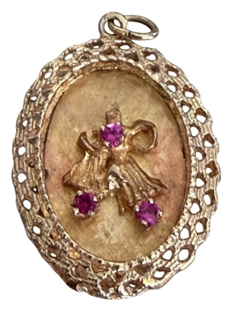 Vintage 14K Solid Gold Pendant Ribbon Bow Pink Stones Filigree Oval Estate Jewel